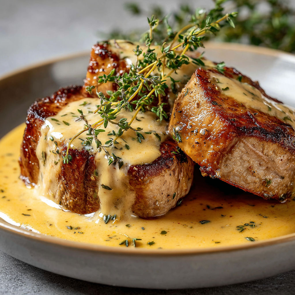 Plat de porc doré nappé de sauce crémeuse au thym.