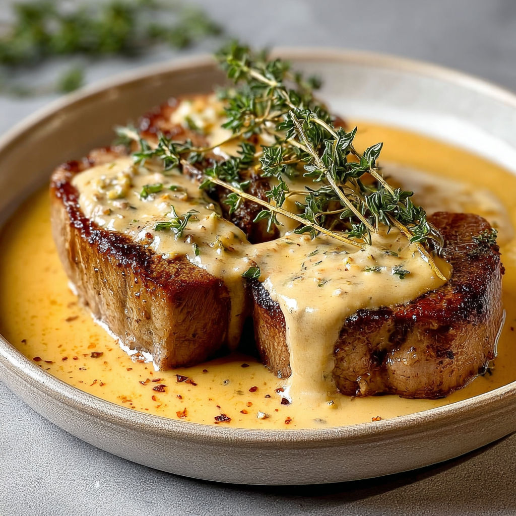 Viande dorée nappée de sauce aux herbes fraîches et pesto.