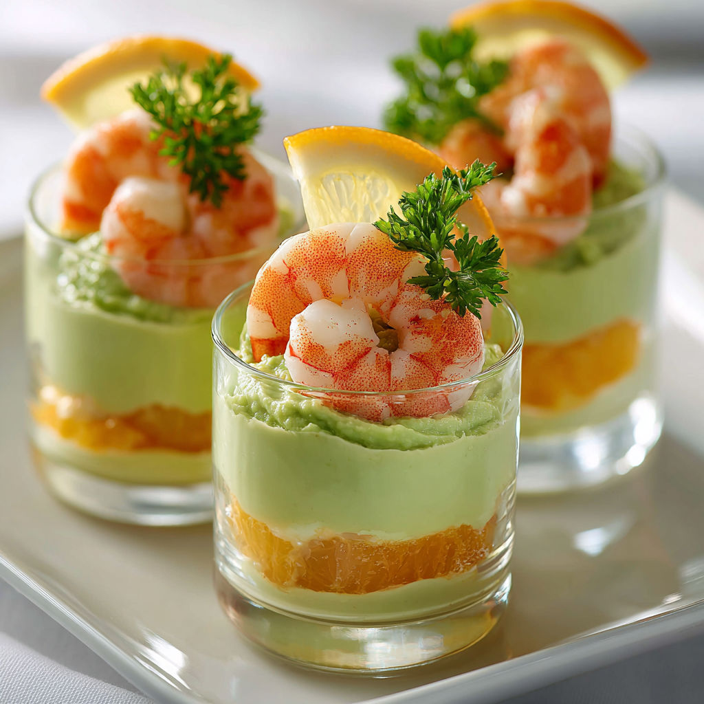 Une tarte aux crevettes et citron servie dans un verre avec salade verte.