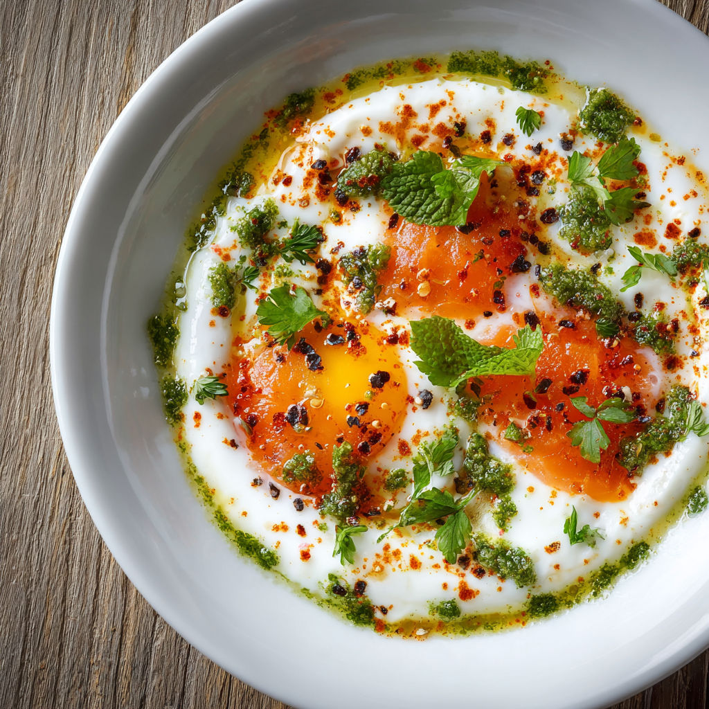 Un carpaccio de melon, saumon et pesto dans un bol blanc sur une table rustique en bois.