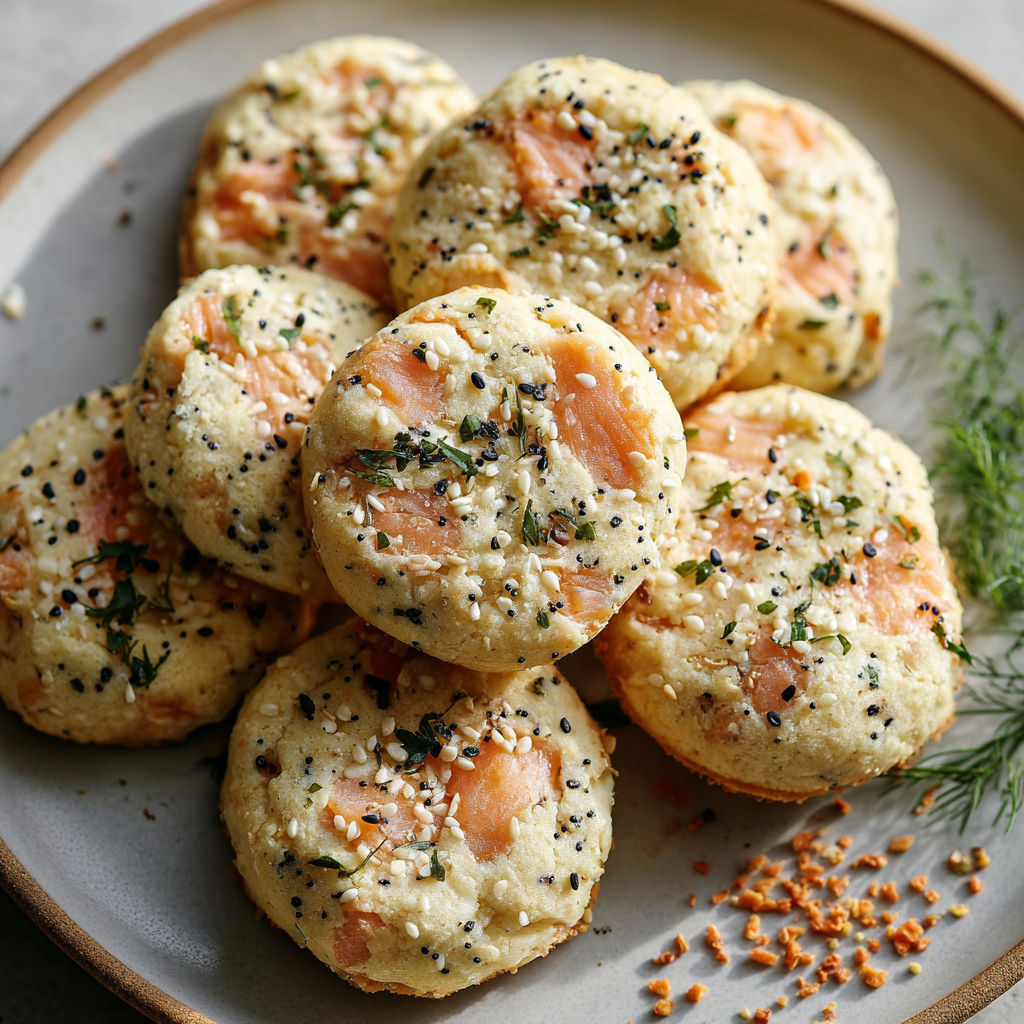 Des biscuits moelleux au saumon, décorés de poivre et d'herbes, sur un plateau gourmand.