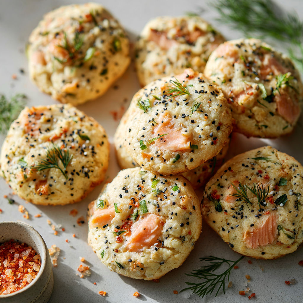 Des biscuits saumon joliment décorés de graines de lin et d’herbes fraîches.