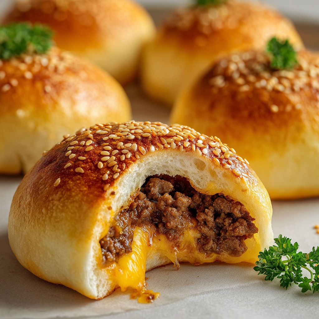 Petits pains dorés garnis avec herbes et saucisse, ambiance conviviale.