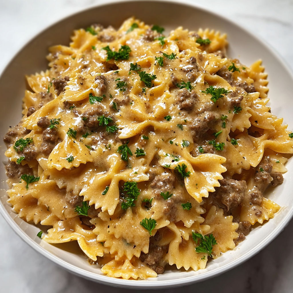 Un délicieux plat de pâtes et viande avec une sauce crémeuse.