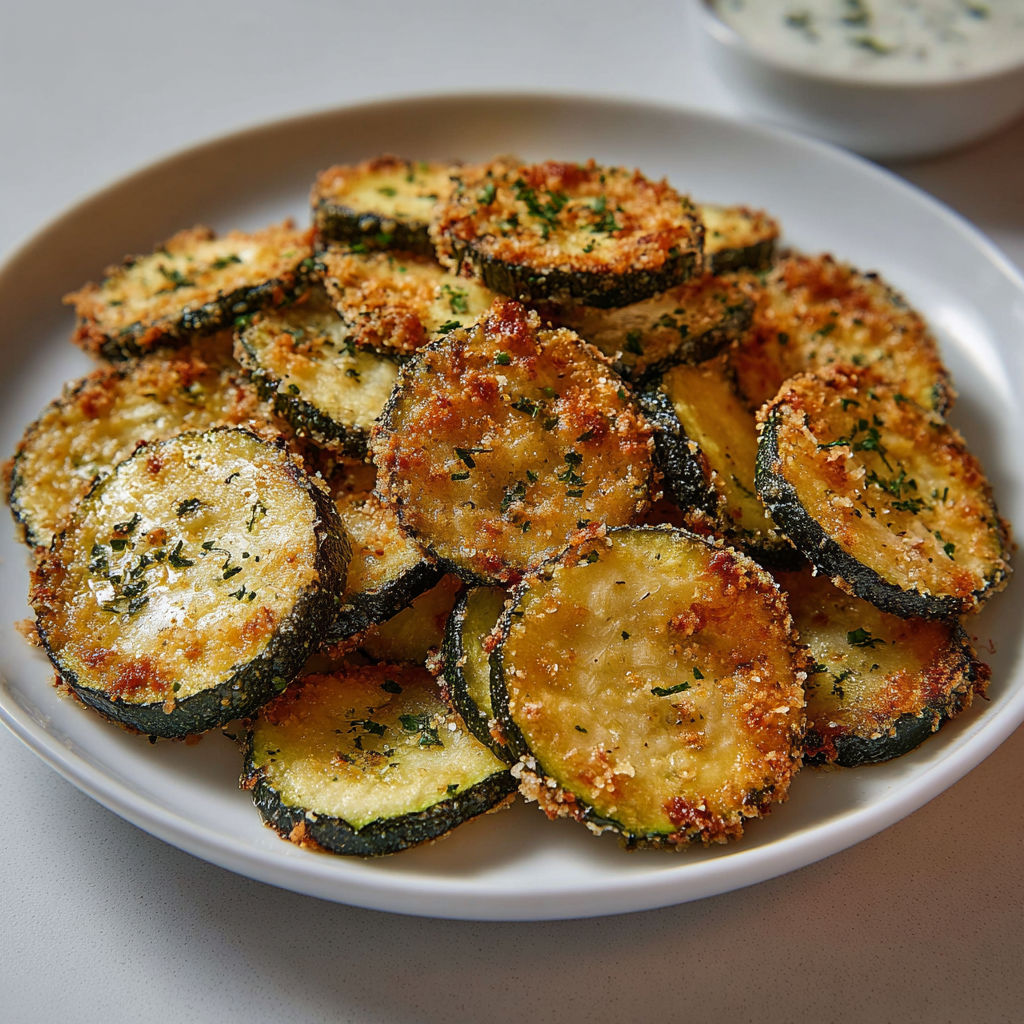 Sur une grille, des chips de courgettes dorées et croustillantes servies avec deux sauces maison.