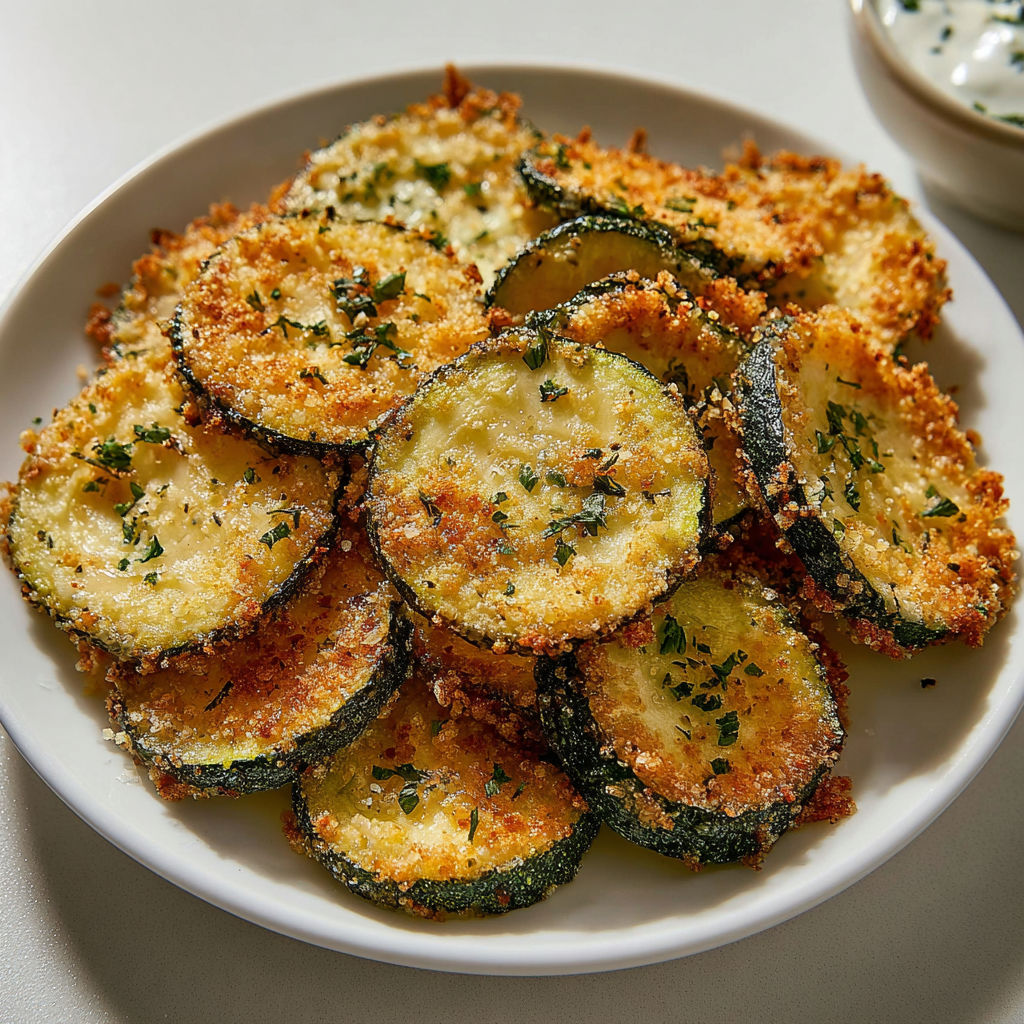 Une assiette de chips courgette extra croustillantes avec deux sauces différentes, une verte et une blanche.