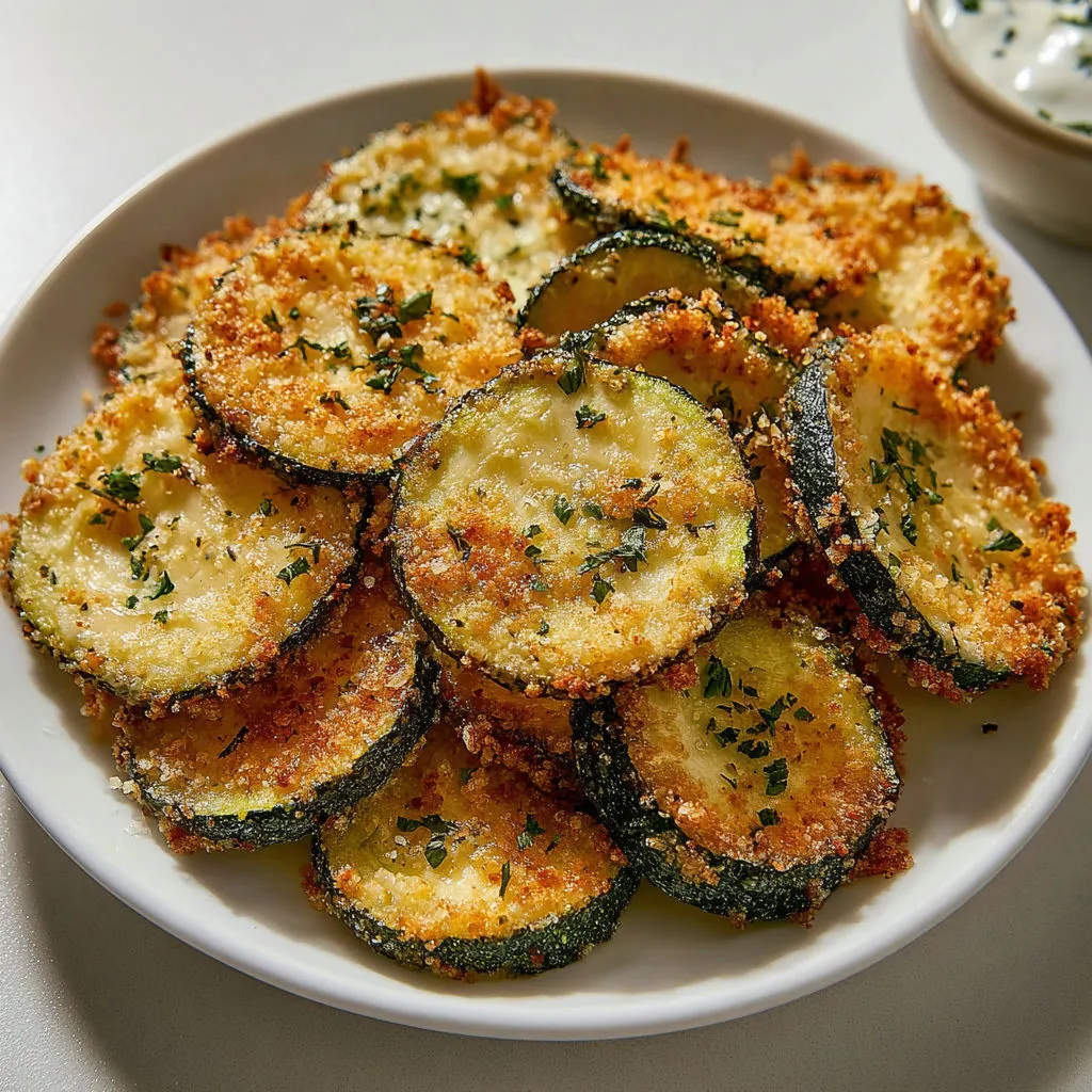 Une assiette de chips courgette extra croustillantes avec deux sauces différentes, une verte et une blanche.