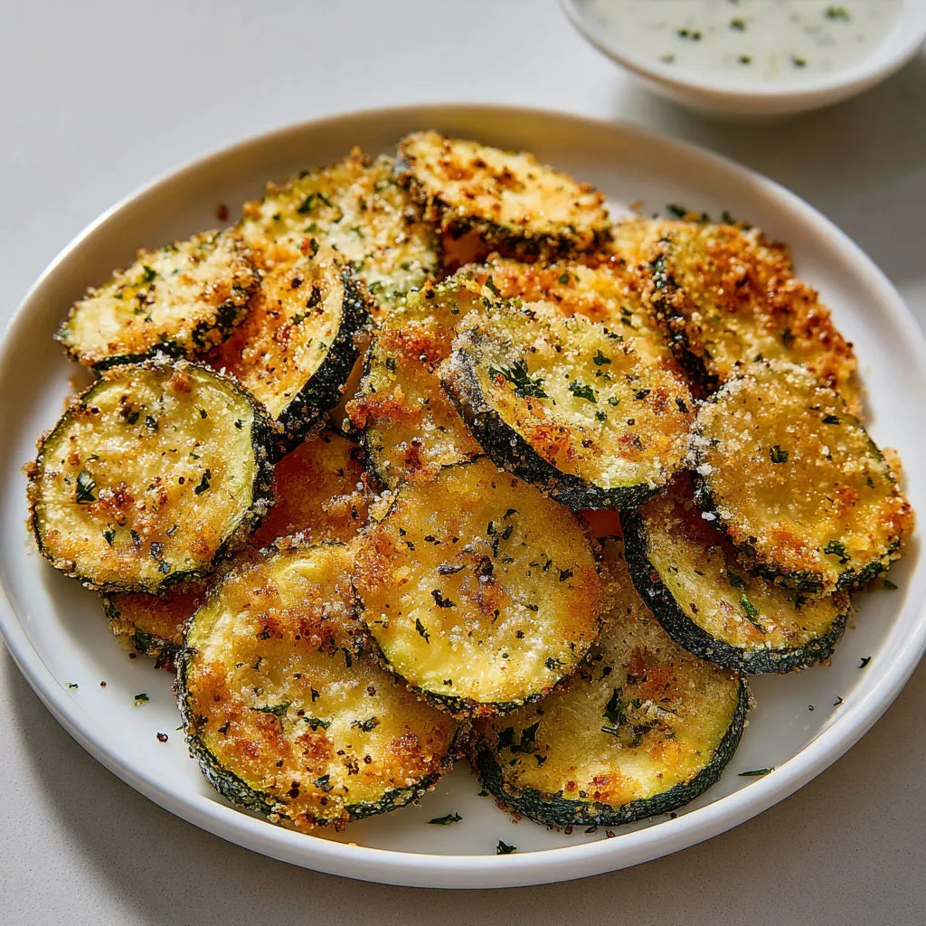 Des chips de courgette fines et dorées, servies avec sauce blanche et des herbes fraîches.