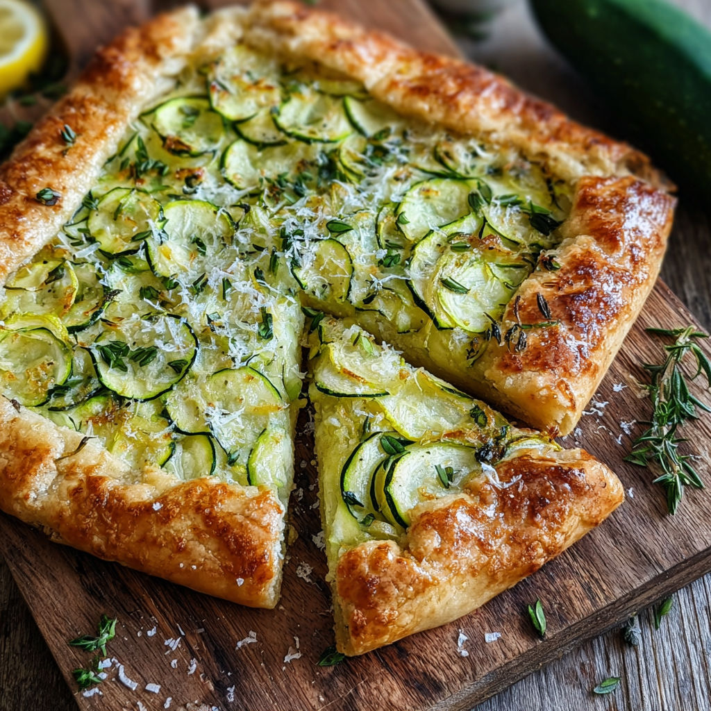 Une pizza maison courgettes et herbes sur une plaque.
