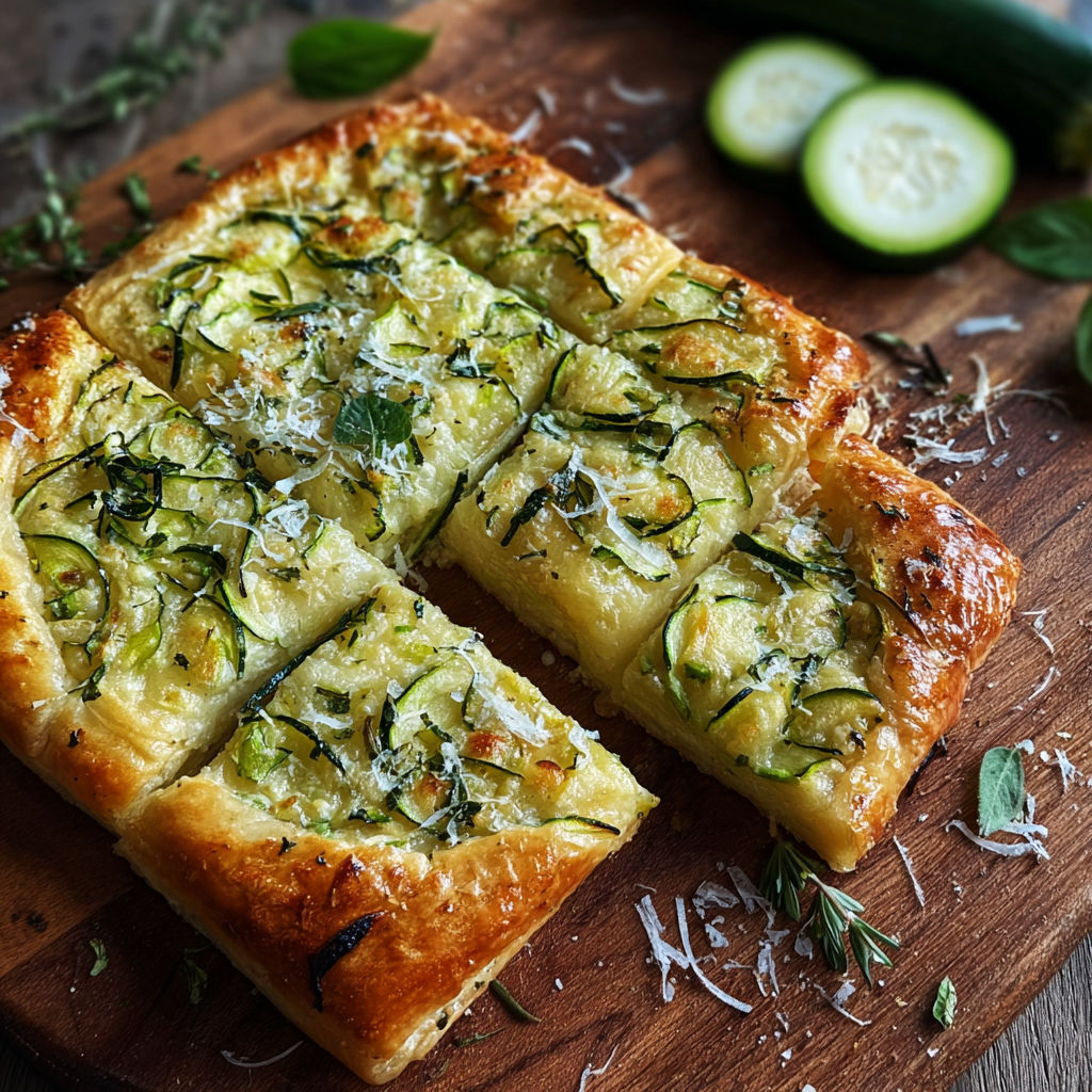 Une tarte courgette-fromage posée sur un plateau bois.