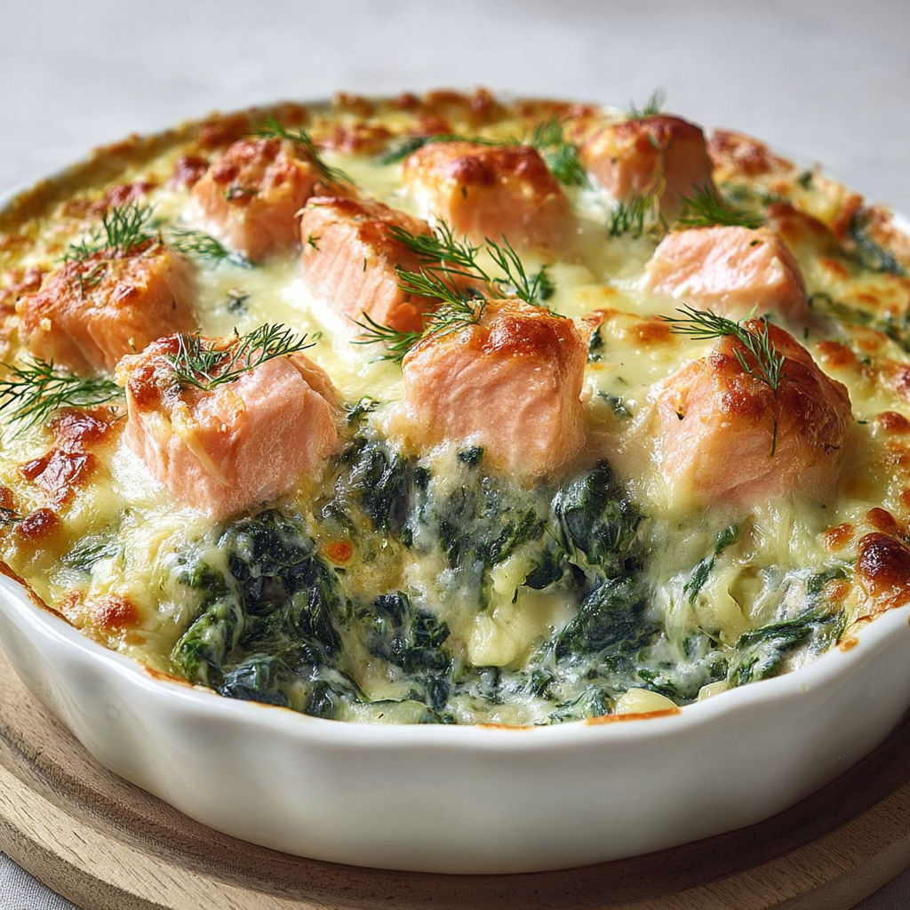 Plat savoureux de saumon et épinards dans un bol servi sur un plateau.