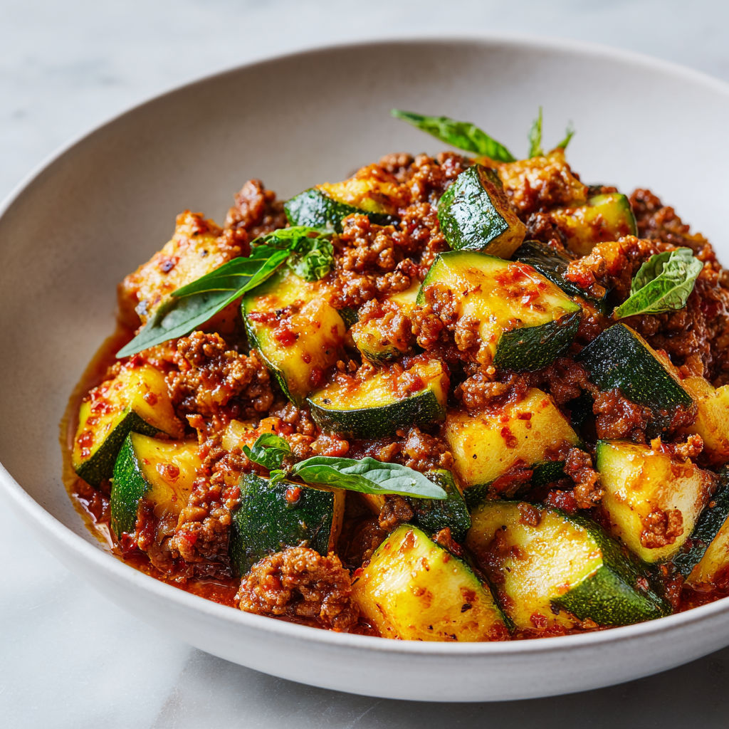 Un plat de courgettes savoureuses à la Bolognaise avec une touche d'herbes fraîches.