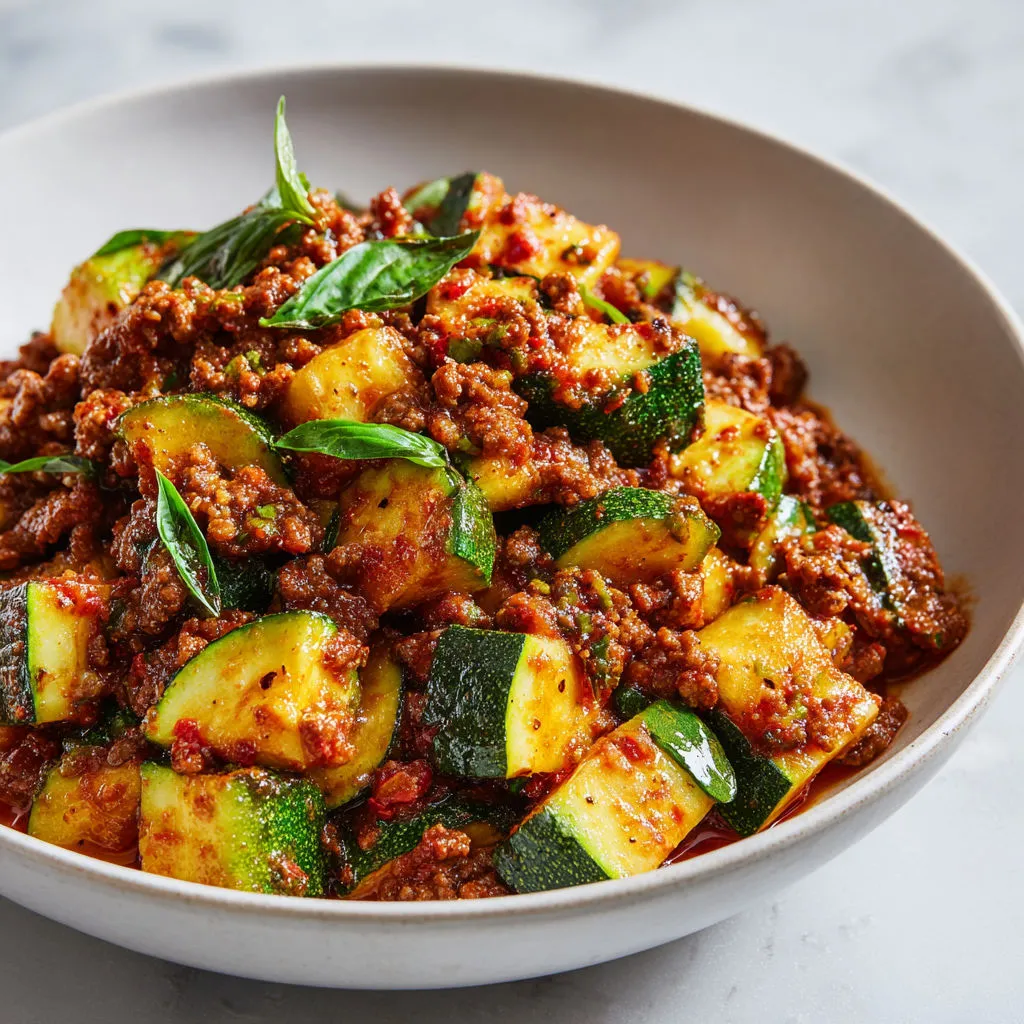 Une grosse poêlée de légumes (courgettes, aubergines, épinards) avec de la viande, servie dans un joli bol.