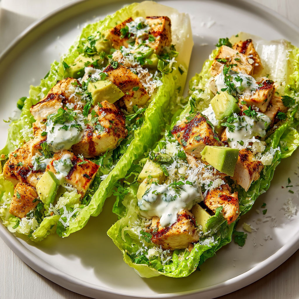 Barquettes romaine croquante garnies poulet miel avocat citron.
