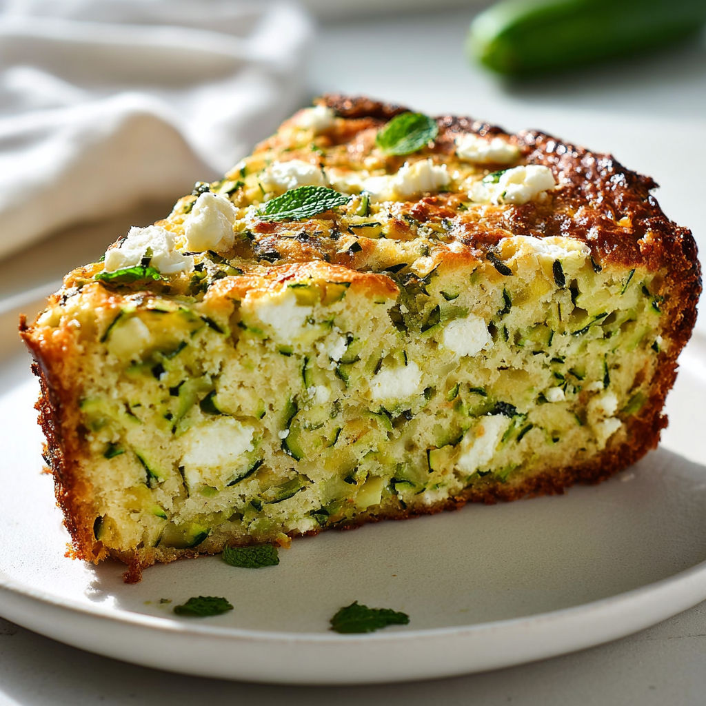 Une part de cake aux courgettes, feta et menthe posée sur un plat.