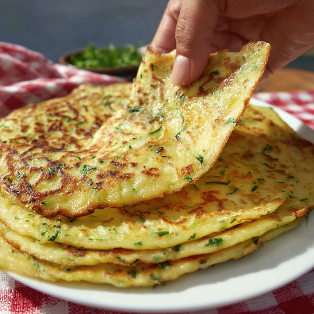 Une main attrape une galette dorée de courgette sur un plateau.