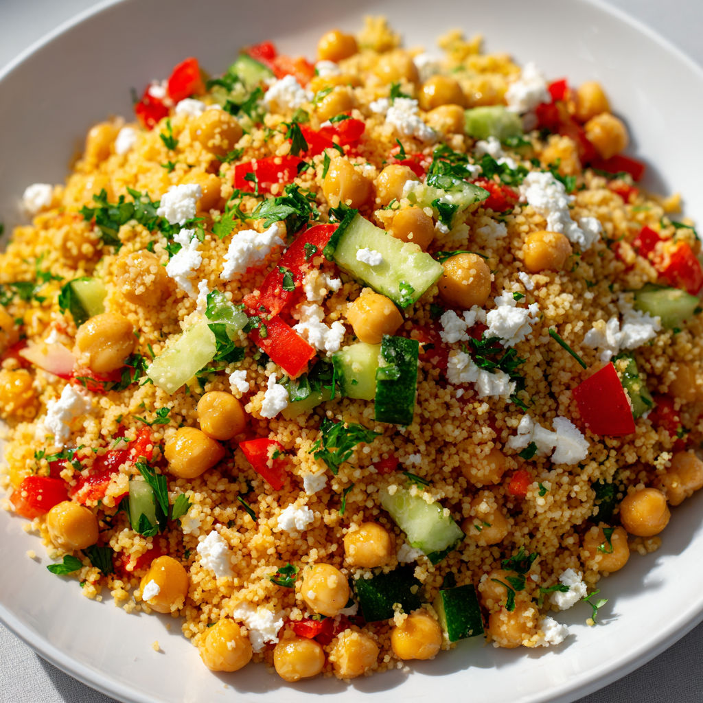 Un couscous coloré avec légumes croquants et pois chiches, présenté sur un plateau élégant.