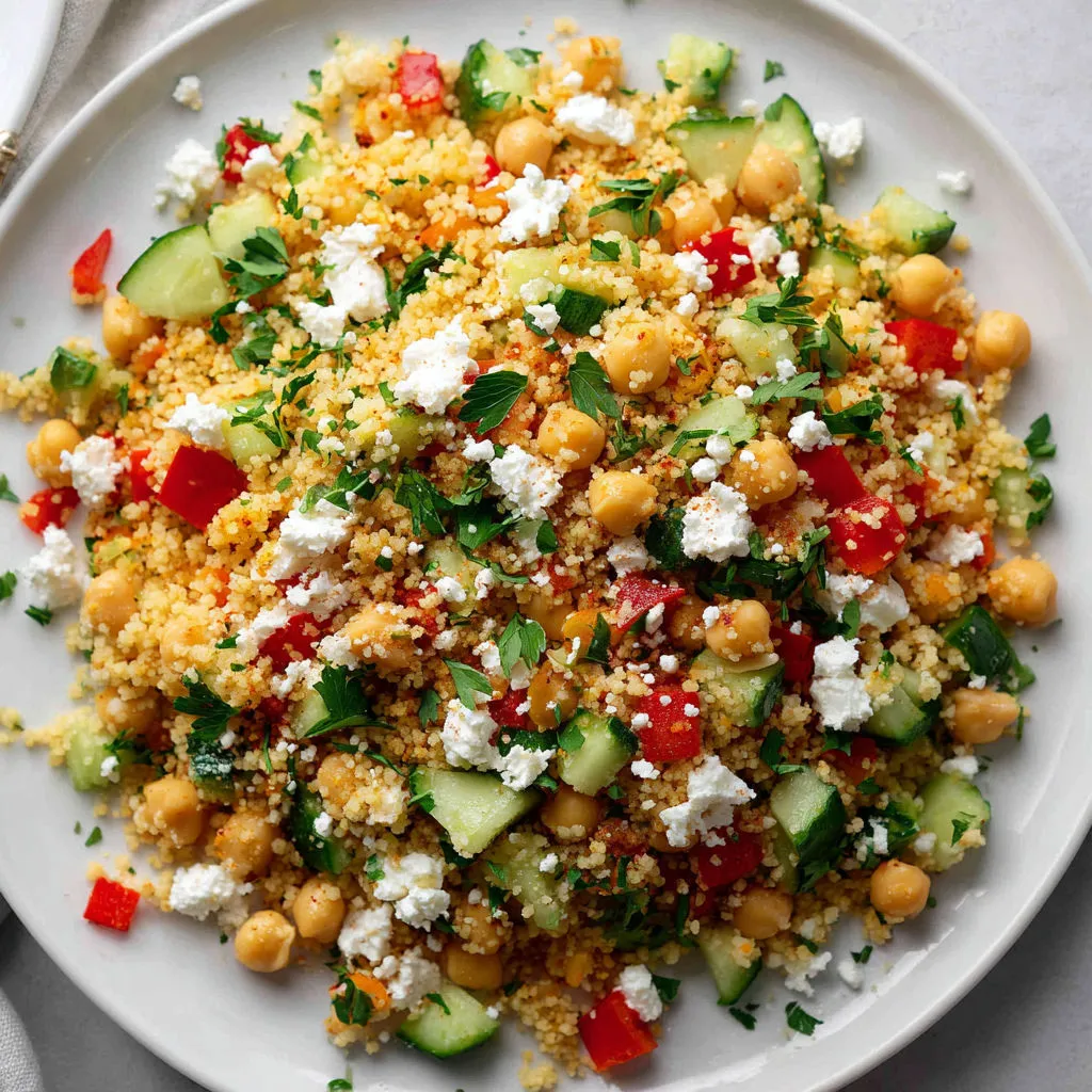Un bol plein de couscous, de légumes colorés, de tomates, de concombres, de poivrons et d’olives, présenté sur un joli plat.