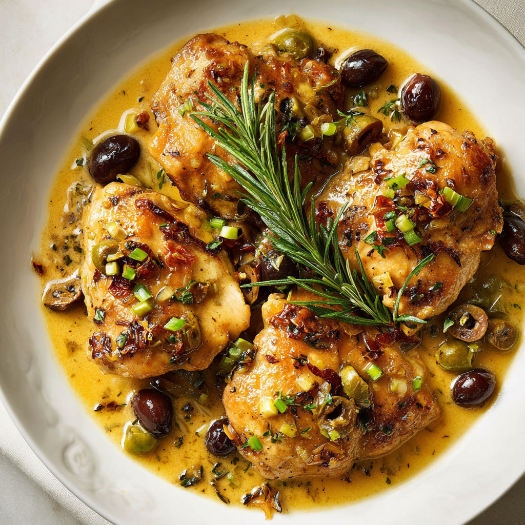 Un plat de poulet méditerranéen accompagné d’olives et d’aromates frais.