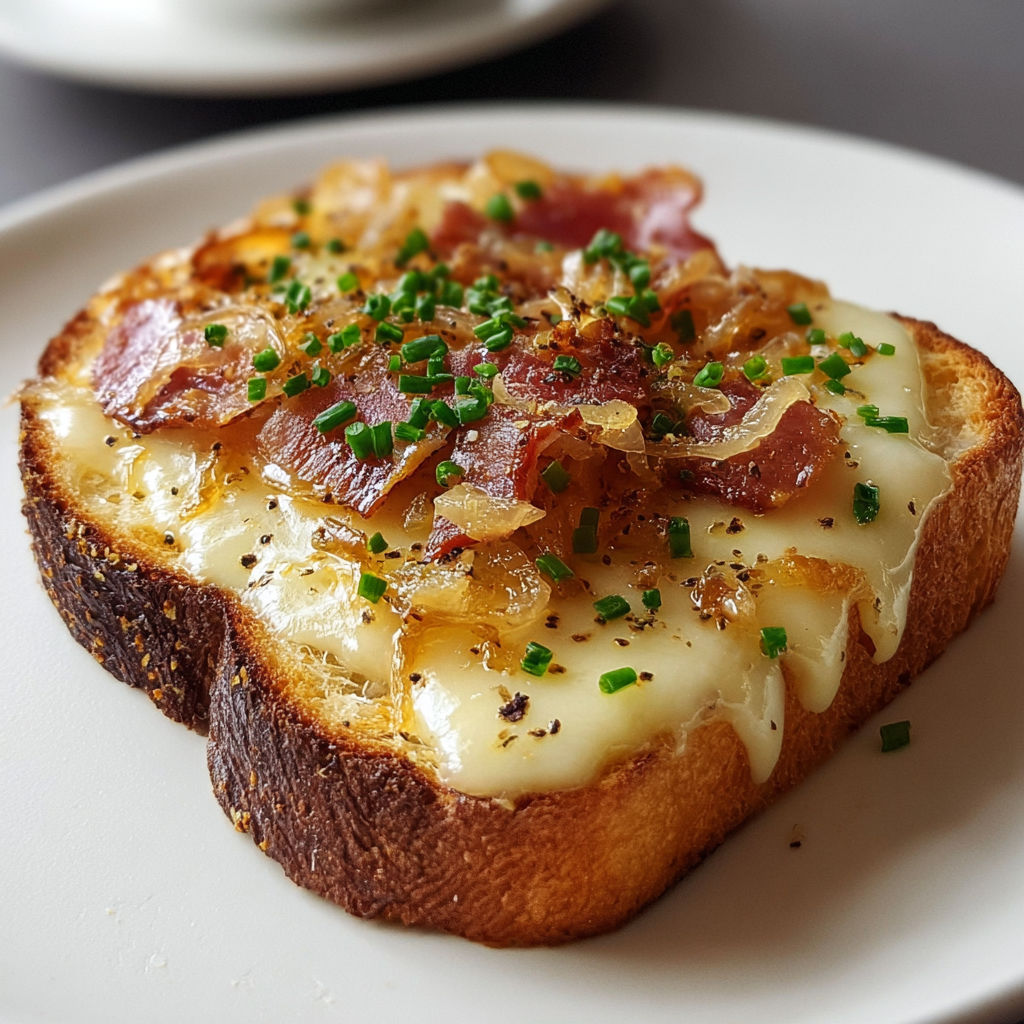 Une tartine croustillante garnie de fromage fondu, lardons dorés et oignons caramélisés, accompagnée d’une boisson chaude.