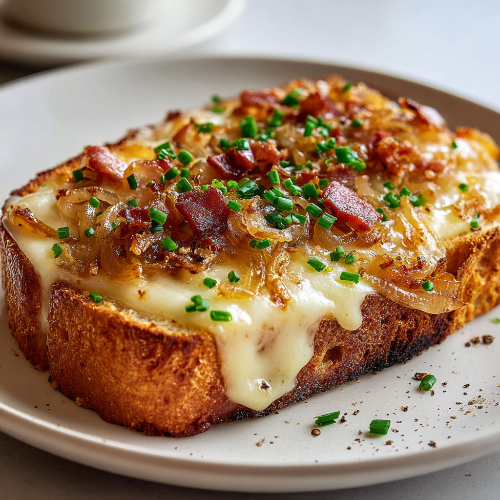 Une croûte savoyarde pleine de lardons et d’oignons fondus, disposée sur un plateau.