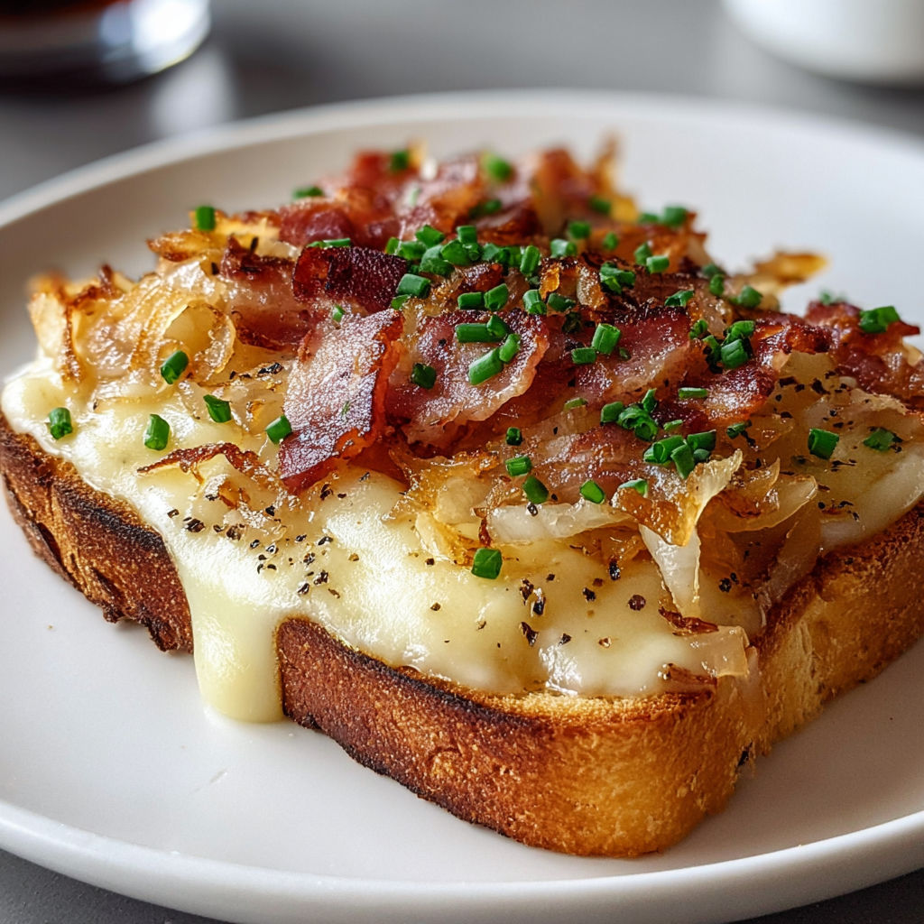 Une tartine rustique à la raclette gratinée, garnie d’herbes fraîches et de lardons, sur un plateau en bois.