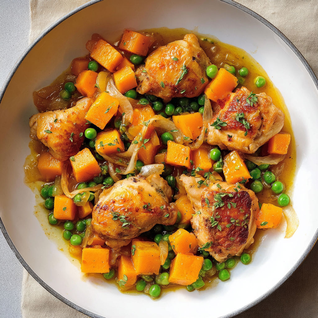 Un plat mijoté de poulet courge et ail doux, garniture de petits pois et légumes.