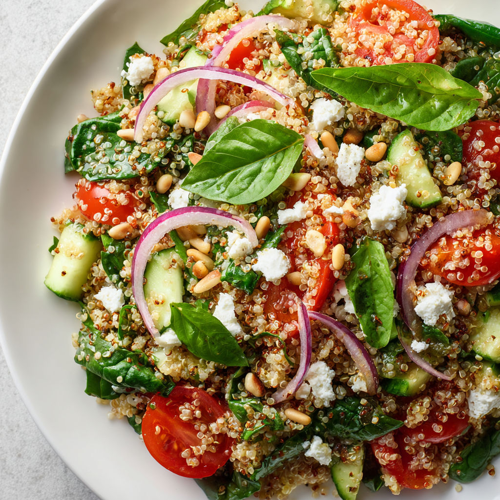 Bol frais de quinoa coloré avec légumes râpés, tomates, concombres, pommes de terre, quinoa, basilic et noix de cajou.