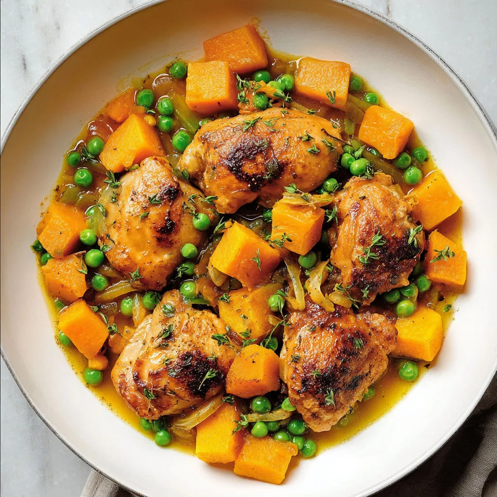 Plat de poulet tendre mijoté avec légumes et pommes de terre, relevé d’une note d’ail doux.