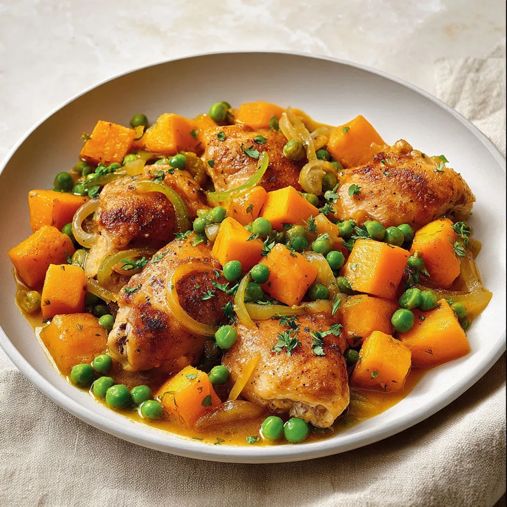 Plat de hauts de cuisses mijotés avec cidre, courge et fleur d’ail.