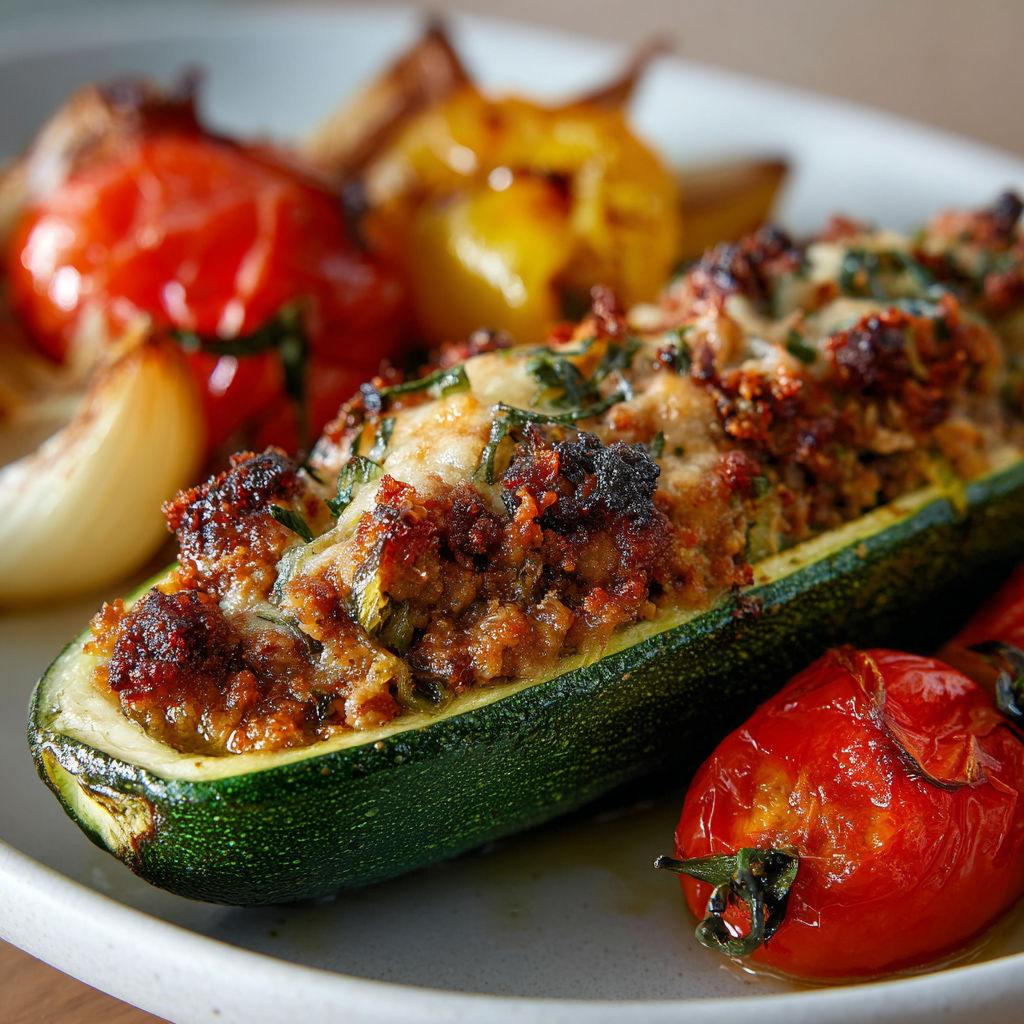 Courgettes farcies avec veau, parmesan, et légumes, grillées au four.