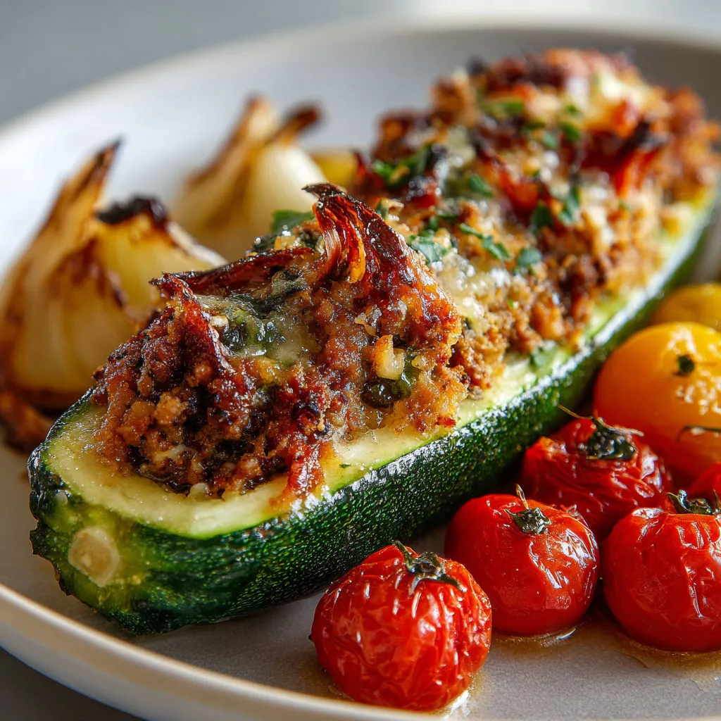 Une courgette garnie de veau moelleux et de parmesan, entourée de tomates cerises et légumes verts rôtis.