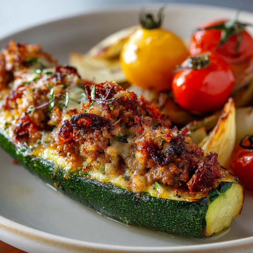 Une assiette gourmande avec légumes grillés, courgettes, tomates, aubergines et sauce au veau très tendre.