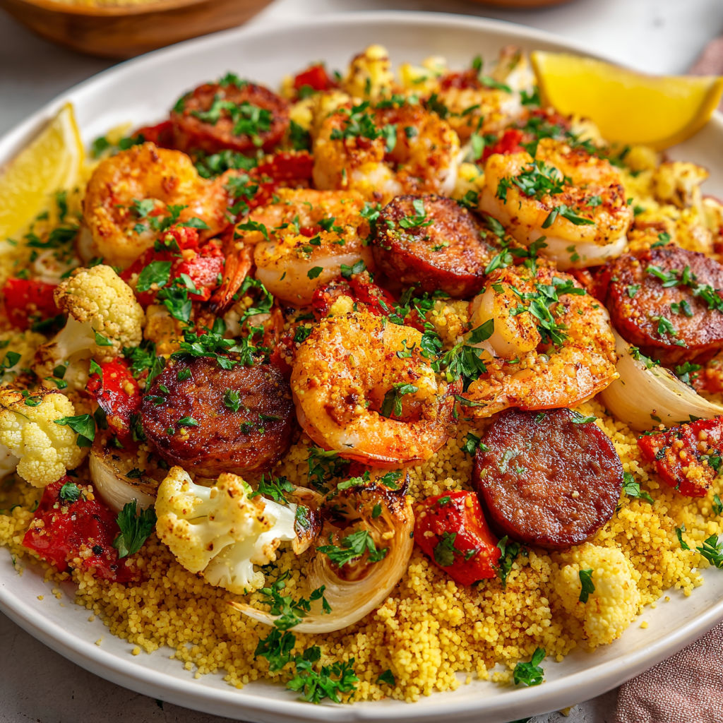 Une assiette de crevettes et merguez sur un lit de couscous parfumé, avec des légumes rôtis.
