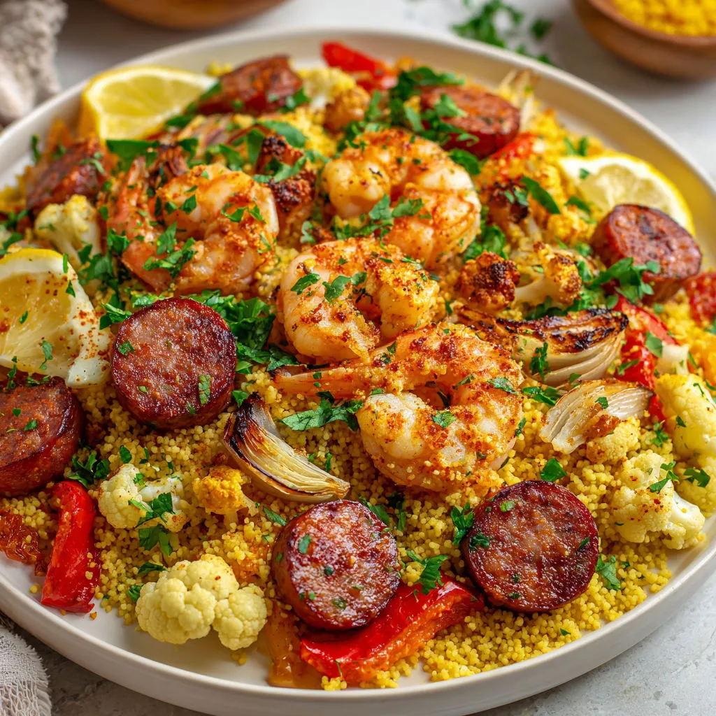 Une assiette avec crevettes, saucisses et légumes.
