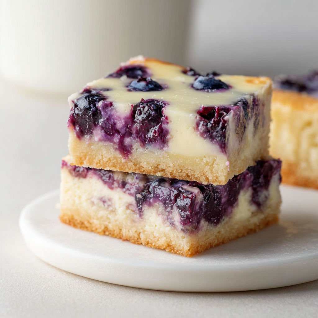 Un dessert carré à la myrtille et crème, posé sur un plat en porcelaine.