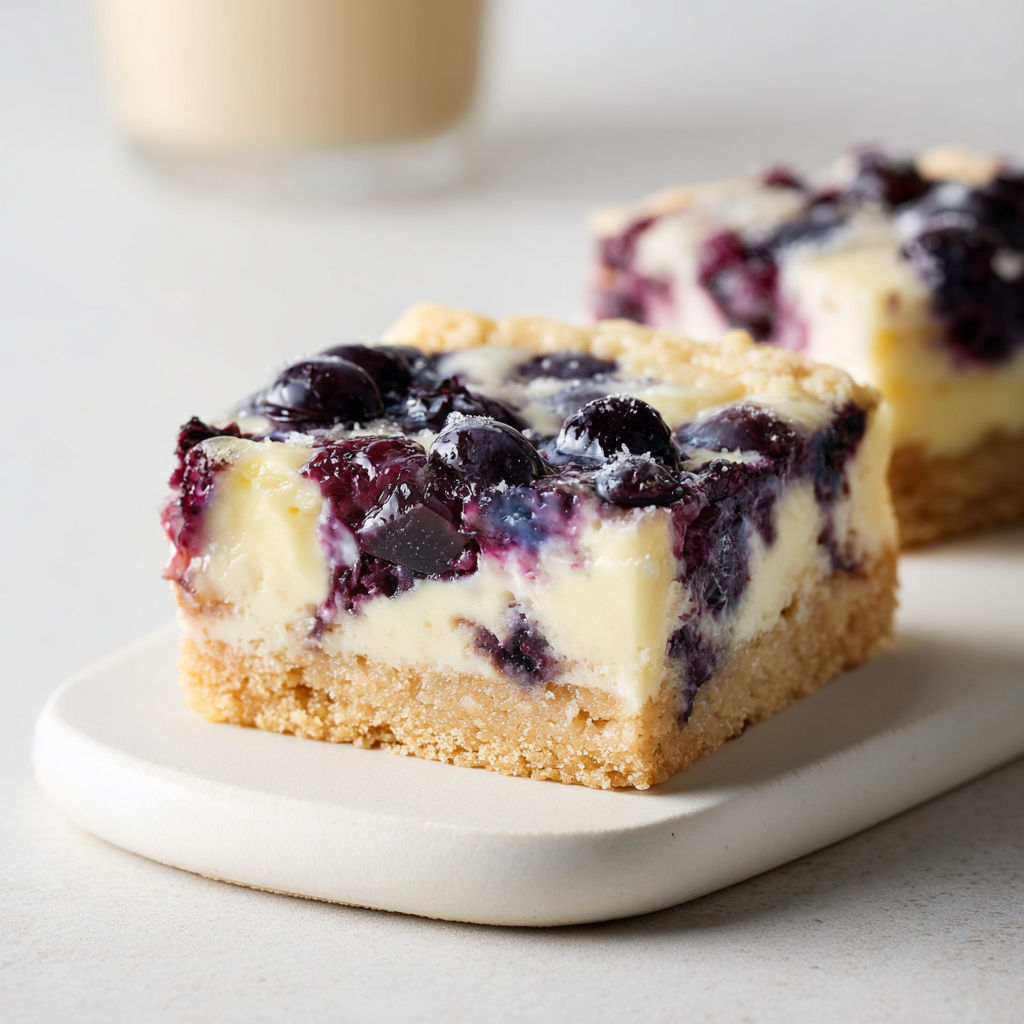 Carré à la myrtille posé sur un plat avec un peu de yaourt à côté.