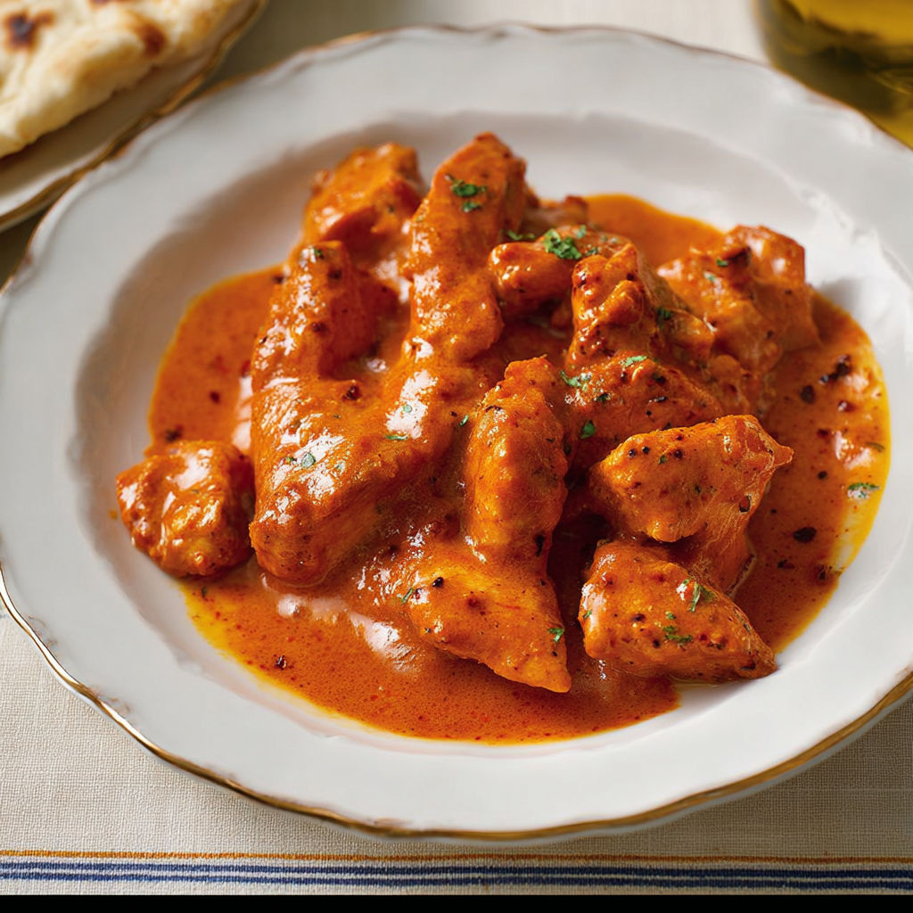 Une assiette de poulet moelleux dans une sauce tomate chaude, avec des herbes parsemées sur le dessus.