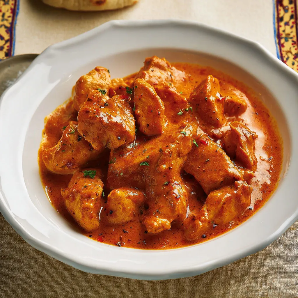 Un plat de poulet à la sauce tomate prêt à être dégusté sur la table.