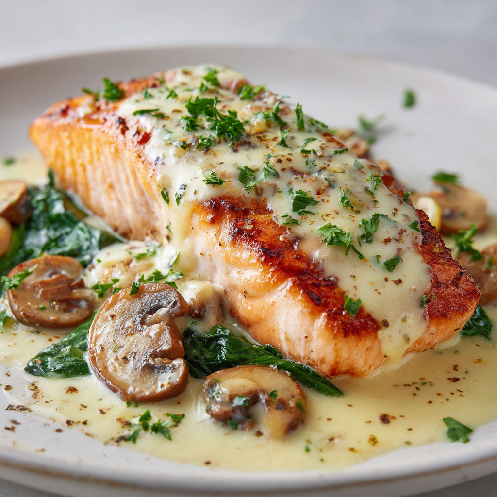 Saumon doré, sauce crémeuse ail, épinards frais et champignons.