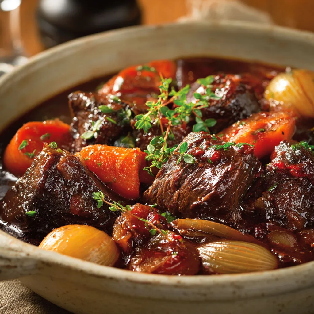 Une cocotte avec bouillon, carottes, oignons et herbes.