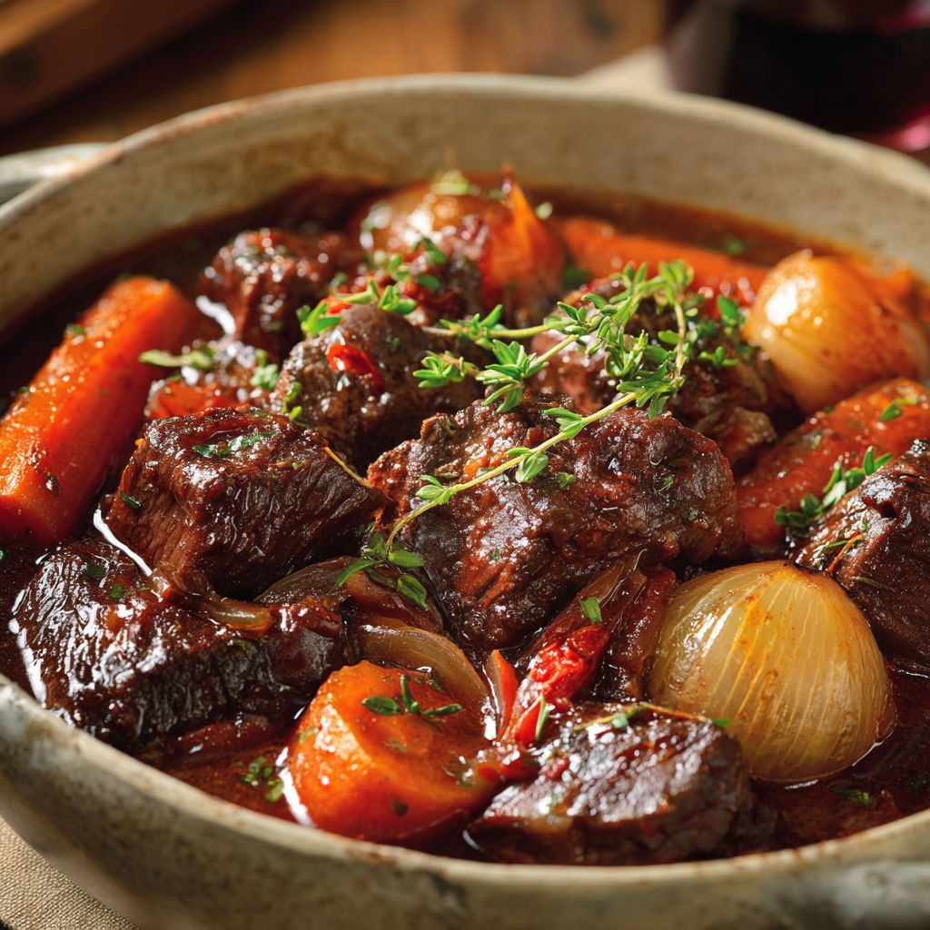 Un plat mijoté avec carottes, oignons, herbes et légumes.
