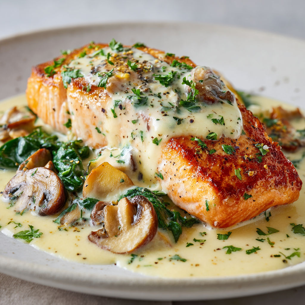 Du saumon doré avec champignons et herbes et une sauce crémeuse au beurre.