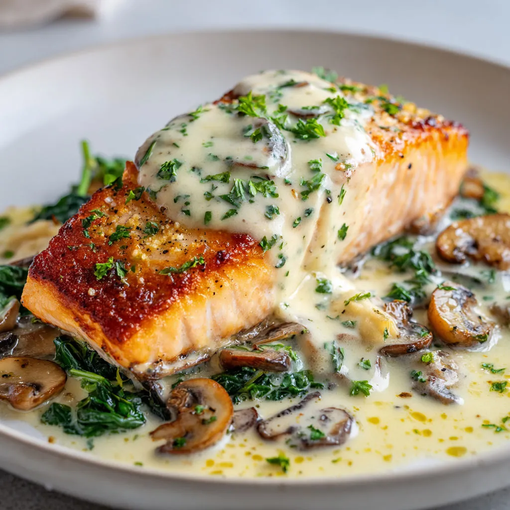 Saumon poêlé avec des champignons, des herbes et une sauce crémeuse bien brillante.