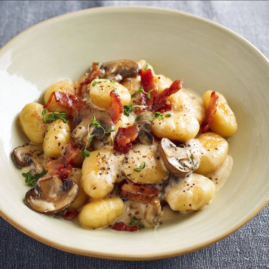 Gnocchis crémeux accompagnés de bacon et champignons dorés.