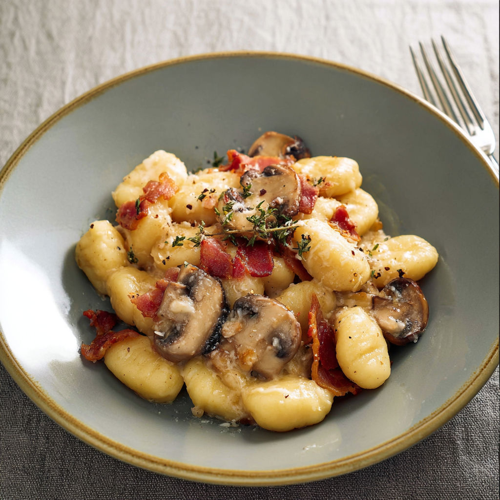 Un plat de gnocchis aux champignons et bacon, une fourchette et une cuillère en dessous.