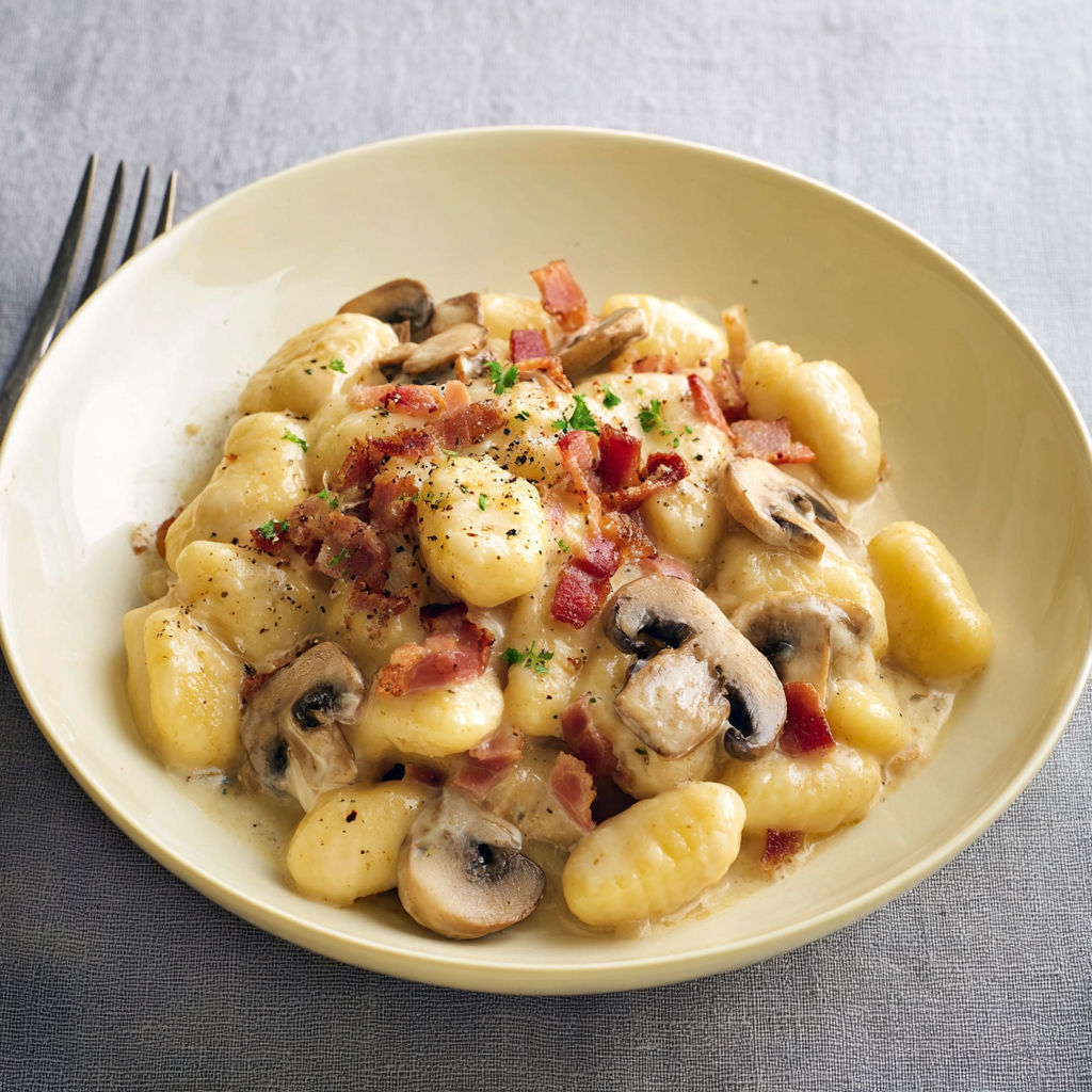 Gnocchis au bacon et aux champignons dans une assiette avec une fourchette.