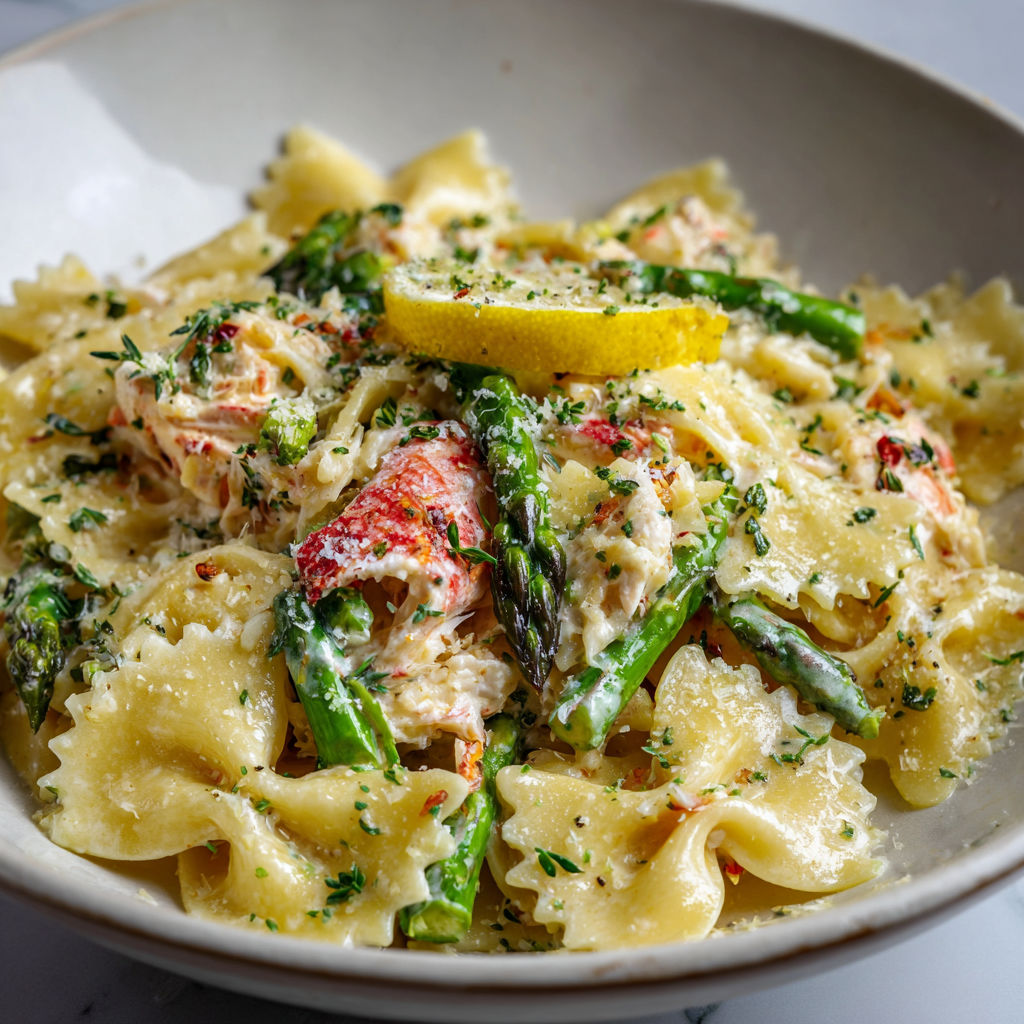 Une belle assiette de farfalles au crabe, citron et asperges prêtes à déguster.