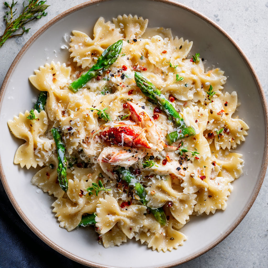 Macaronis, asperges, crevettes et sauce au fromage bien gourmande avec pincée de paprika.