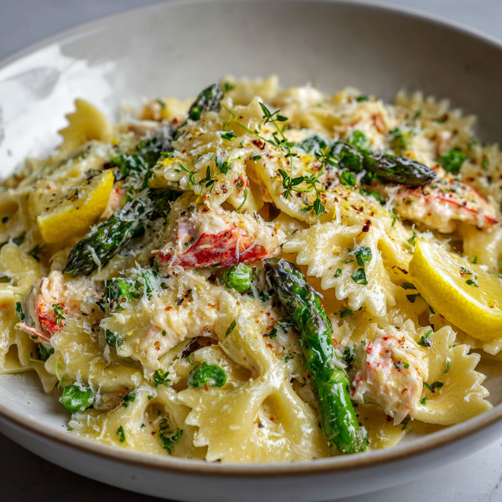 Penne à la crème, crabe et asperges servis dans un grand bol.